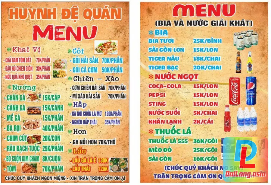 Menu Quán Nhậu Đẹp - Huynh Đệ Anh Em Quán Vector x7